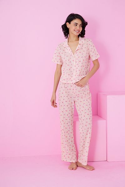 Siyah İnci Florzapatlan Shirt Collar Knitted Pajama Set