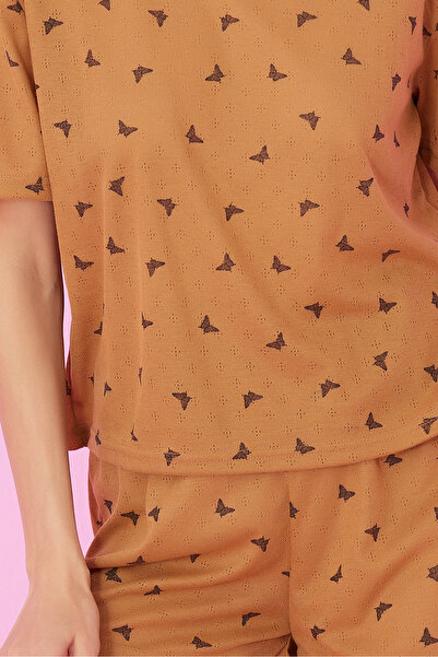 Siyah İnci Coffee Butterfly Pattern Pointel Openwork/Hole Crew Neck Knitted Shorts Set