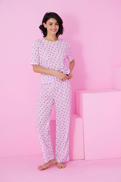 Siyah İnci Lilac Purple Flower Print Pointel Openwork/Hole Crew Neck Knitted Pajama Set