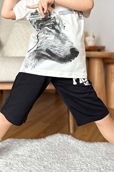 Riccotarz Хлопчачий комплект з чорними шортами з принтом вовка та написом «Free Wolf»