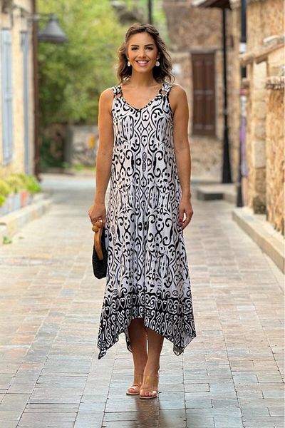 Nevin Kaya Moda Βαμβακερό φόρεμα με λουράκι με λευκό σχέδιο