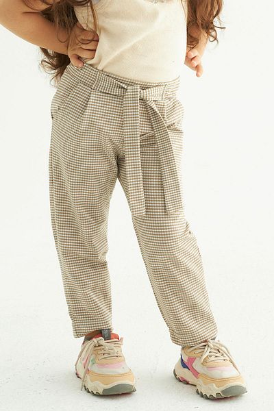 zepkids Plaid Patterned Beige Girl's Trousers with Belted Waistband