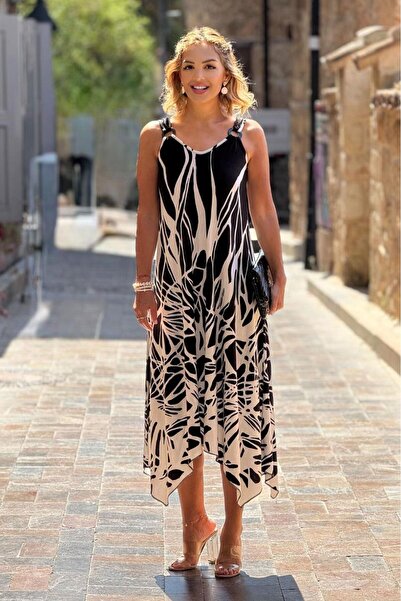 Nevin Kaya Moda ROchie cu bretele cu model flacără alb-negru cu cataramă