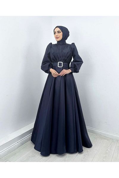 MERVEPLUME Taffeta Fabric Belted Stone Hijab Graduation Wedding Evening Dress