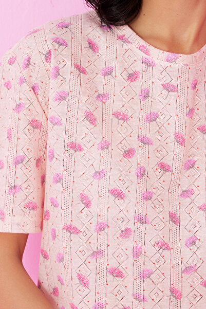 Siyah İnci Σετ πλεκτής πιτζάμα με λαιμόκοψη με λαιμόκοψη με λουλούδια σολομού