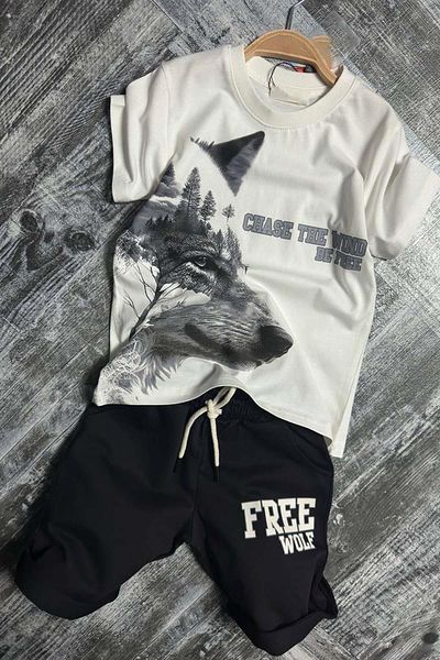 Riccotarz Boy's Wolf and Free Wolf Text Printed Black Shorts Suit