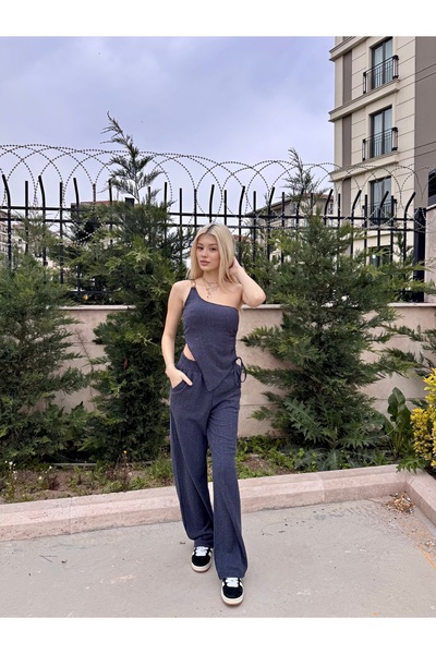 mekabutik Navy Blue One Shoulder Asymmetrical Bottom Top Set