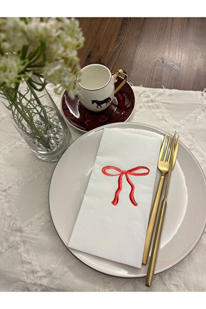 kidspartim Kırmızı Yaldızlı Beyaz Fiyonk Baskılı Garson Katlama Peçete 16 Adet