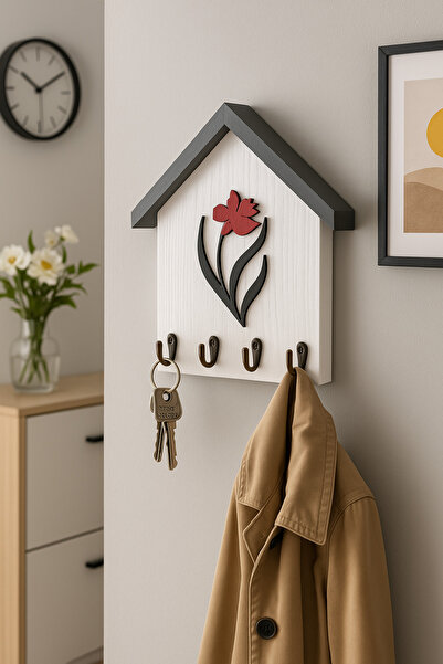 Efem Dekor Ahşap Çiçek Figürlü Anahtarlık ve Askılık - El Yapımı Dekoratif Du...