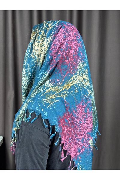Sobe Hediyelik Coral Patterned Writing Scarf with Tassels on the Edge