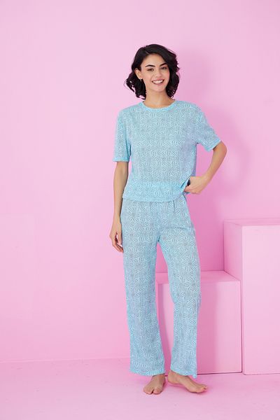 Siyah İnci Blue Coffee Flower Pattern Pointel Openwork/Hole Crew Neck Knitted Pajamas Suit