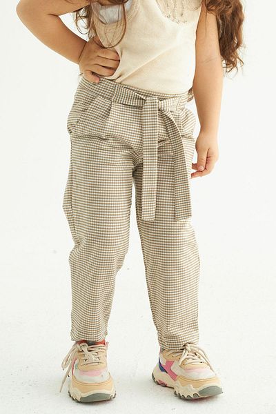 zepkids Plaid Patterned Beige Girl's Trousers with Belted Waistband