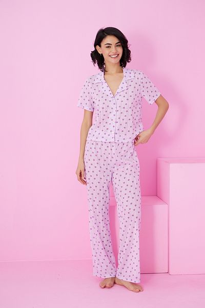 Siyah İnci Lilac Purple Flower Pattern Pointel Openwork/Hole Shirt Collar Knitted Button Pajamas Suit