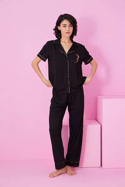 Siyah İnci Black Shirt Collar Leopard Embroidered Buttoned Short Sleeve Viscose Pajama Set