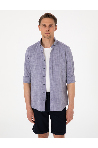 Pierre Cardin Lacivert Keten Görünümlü Slim Fit Uzun Kollu Gömlek 50307025-VR033