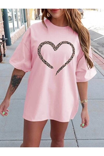 AZIZI TEKSTIL Casual Leopard Heart printed μπλουζάκι με πτώση ώμου για γυναίκ...