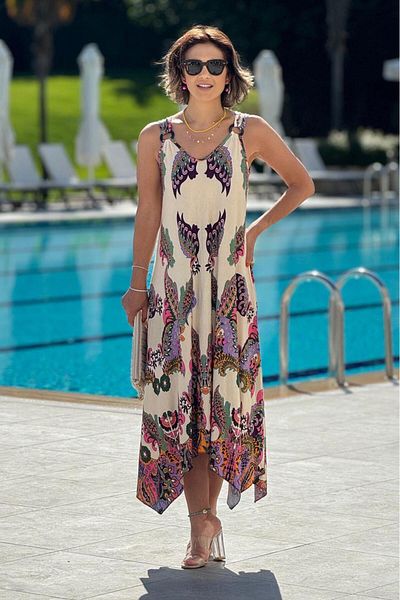 Nevin Kaya Moda Αυθεντικό μοτίβο κρεμ βαμβακερό φόρεμα με λουράκι - αγκράφα