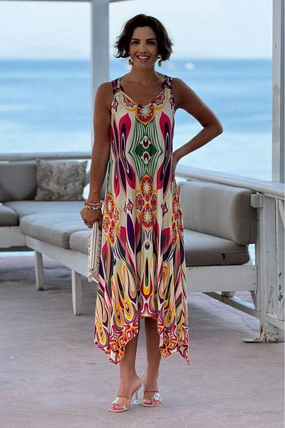 Nevin Kaya Moda Βαμβακερό φόρεμα με λουράκι - κρεμ, στάμπα ονείρου και αγκράφα