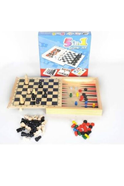 abnturk Kutulu Ahşap 5'li Oyun Seti Satranç Dama Tavla Kızma Birader 20 x 20 Cm
