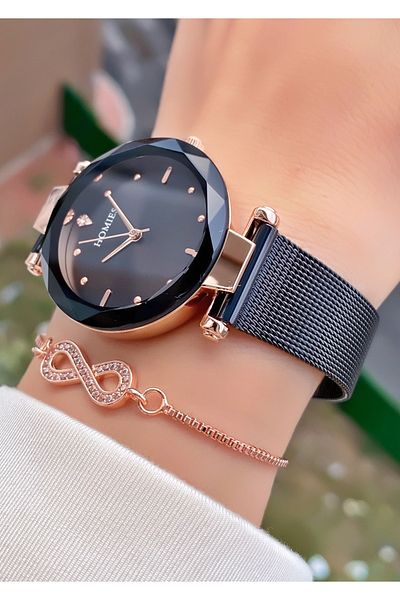 Homies Brand Rose Black Color Waterproof Women's Wristwatch - With Bracelet Gift