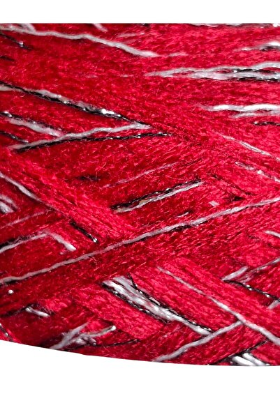 Ece Örgü Tasarım Atölyesi Çok katlı kırmızı merserize arasına siyah ve gümüş sim karışımı tasarım el örgü ipi (200 gr.)