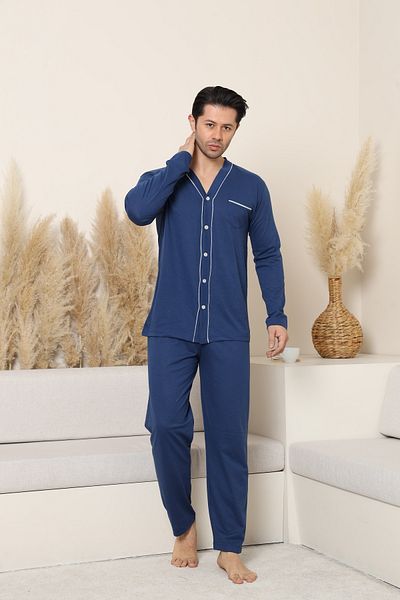 MODAREYA Ανδρική πιτζάμες με κουμπιά Indigo Color Piping