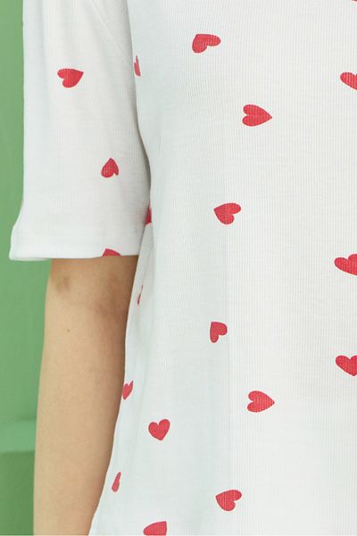 Siyah İnci White Heart Printed Ribbed Camisole Knitted Shorts Set