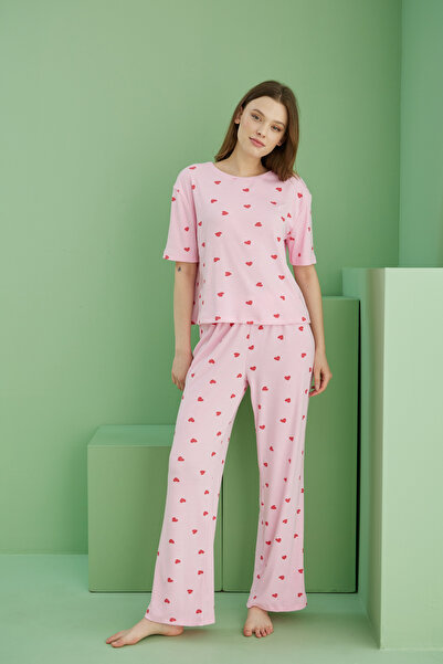 Siyah İnci Pink Heart Printed Ribbed Camisole Knitted Pajama Set