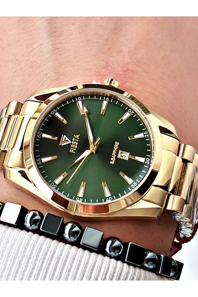 Fiesta Gold Silver Color Steel Case Cord Men Wrist Watch + Bracelet
