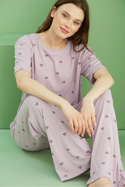 Siyah İnci Lilac Heart Printed Ribbed Camisole Knitted Pajama Set