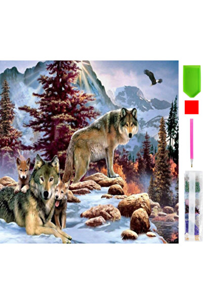 zola Goblen mozaic cu diamante, Zola, familie de lupi pe munte, 30 x 30 cm