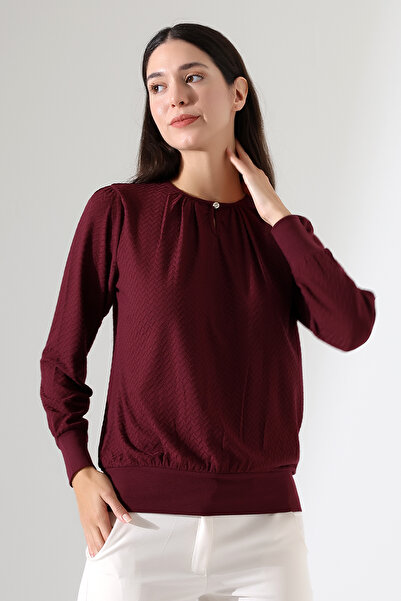 Şiir Harare Kadın Bordo Büzgülü Damla Yaka Düğmeli Örme Jakar Esnek Penye Uzun Kollu Bluz & Tesettür Bluz