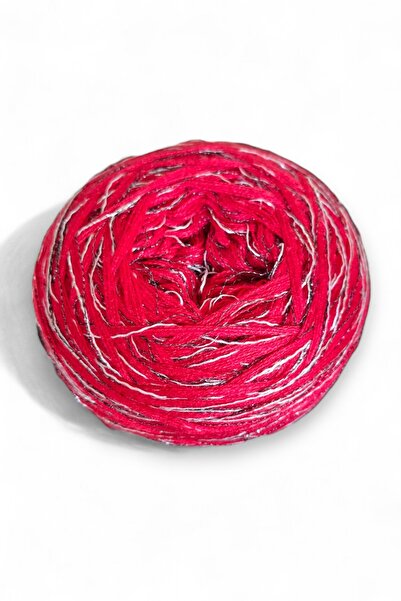 Ece Örgü Tasarım Atölyesi Çok katlı kırmızı merserize arasına siyah ve gümüş sim karışımı tasarım el örgü ipi (200 gr.)