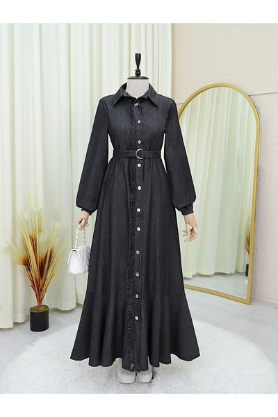 Modamorfo Anthracite Buttoned Ruffled Belted Piece Denim Dress