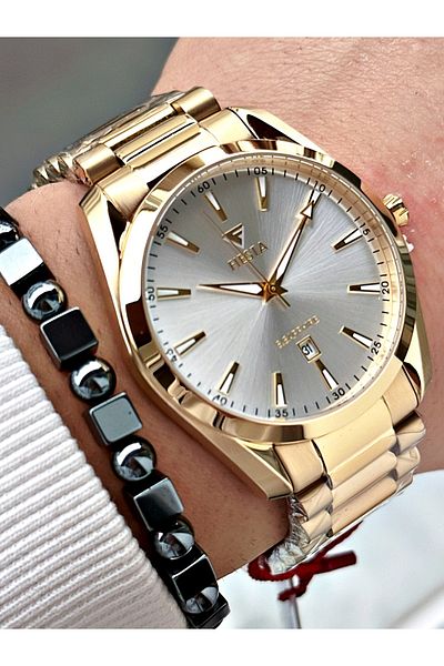 Fiesta Gold Silver Color Steel Case Cord Men Wrist Watch + Bracelet