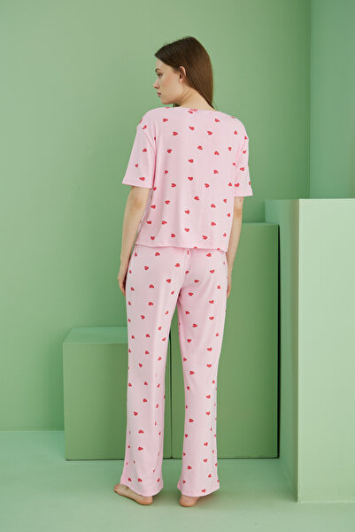 Siyah İnci Pink Heart Printed Ribbed Camisole Knitted Pajama Set