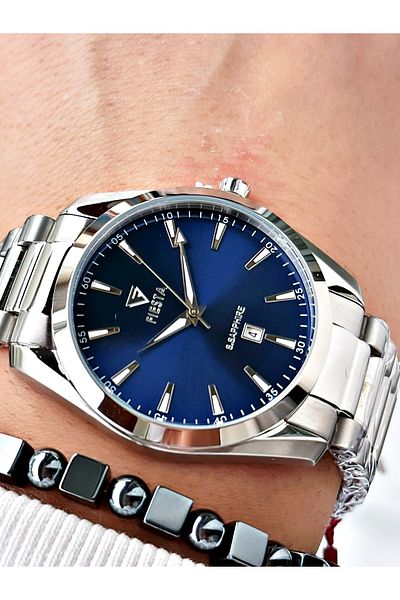 Fiesta Silver Silver Color Steel Case Cord Men Wrist Watch + Bracelet