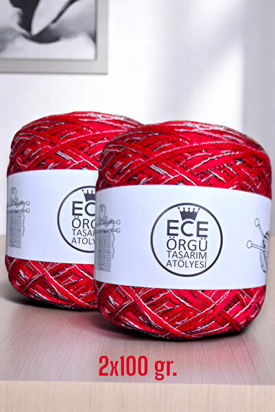 Ece Örgü Tasarım Atölyesi Çok katlı kırmızı merserize arasına siyah ve gümüş sim karışımı tasarım el örgü ipi (200 gr.)