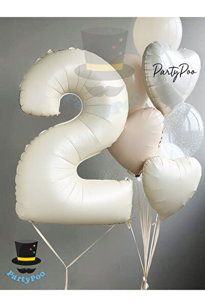 PartyPoo Cream Number and Heart Foil Balloon Set of 8