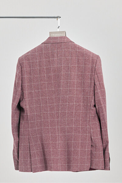 Frappoli Messini Erkek Bordo Ekose Kumaşlı Mono Yaka Blazer Ceket (Büyük Beden - Battal)