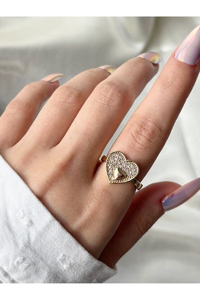 Eylülün Takısı Women's Gold Color Stone Heart Ring