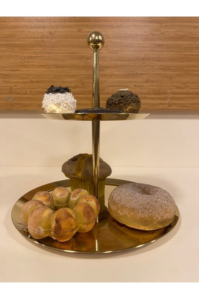 PLUS HOME SUNUM SERVİS TABAK 2 KATLI KURABİYELİK ÇELİK ALTIN AYAKSIZ