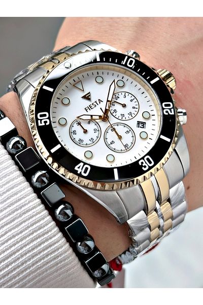 Fiesta Gold Silver Color Function Steel Sk Mechanism Steel Men's Wristwatch + Bracelet