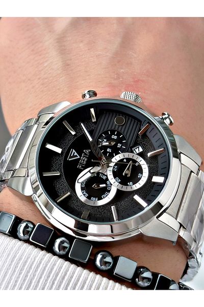 Fiesta Silver Color Function Steel Case Cord Elite Men's Wrist Watch + Bracelet