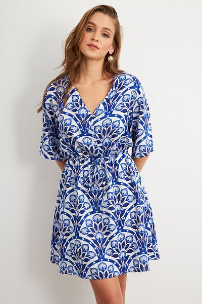 Cool & Sexy Women's Ecru-Sax Patterned Mini Dress Q1006