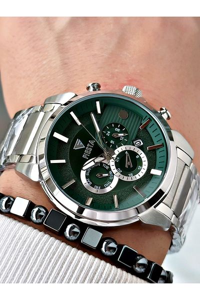 Fiesta Silver Color Function Steel Case Cord Elite Men's Wrist Watch + Bracelet