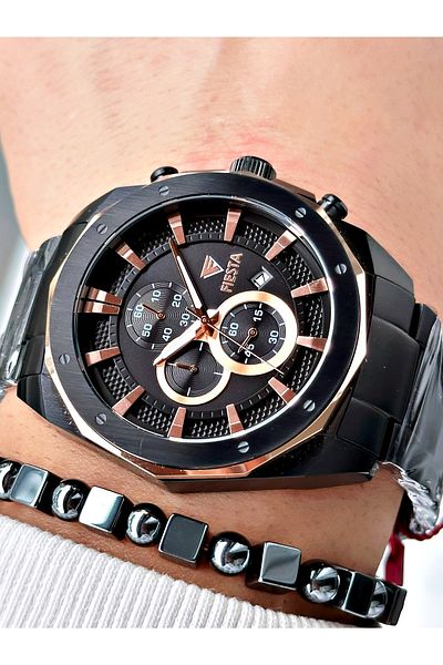 Fiesta Black Color Steel Elite Mechanism Guaranteed Function Men's Wristwatch + Bracelet