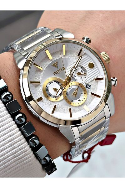 Fiesta Silver Color Function Steel Case Cord Elite Men's Wrist Watch + Bracelet