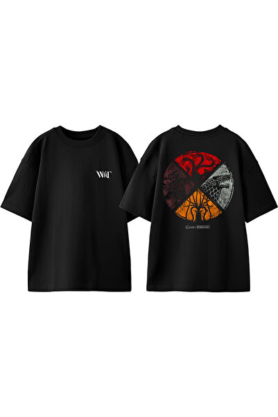 THEWERT Game Of Thrones Tasarım Sırt Baskılı Pamuk Siyah Oversize T-shirt