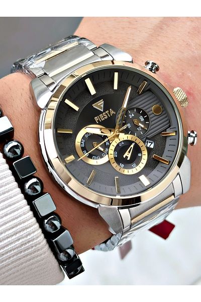 Fiesta Silver Color Function Steel Case Cord Elite Men's Wrist Watch + Bracelet